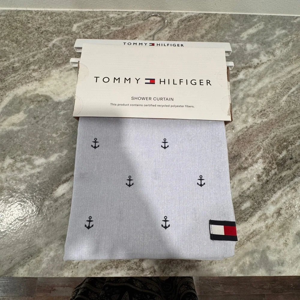 Tommy Hilfiger Shower Curtain Light Blue Nautical Anchor Flag 72x72 NEW